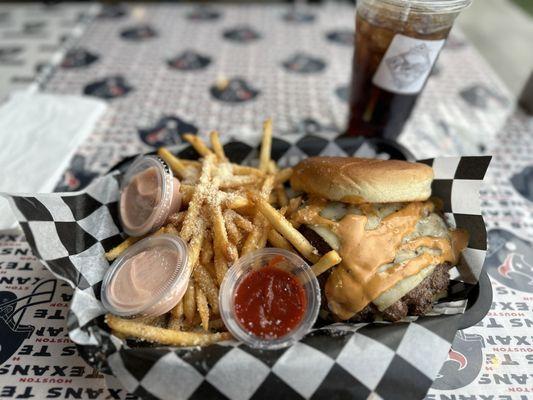 The intimidator. Two Steakburger Patties, Grilled Jalapenos, Ghost Pepper & Pepper Jack Cheese, House Spicy Ketchup & Chipotle Aioli.