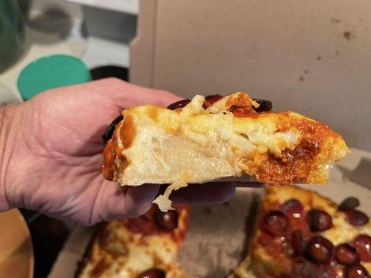 Detroit pizza, completely raw through the center.