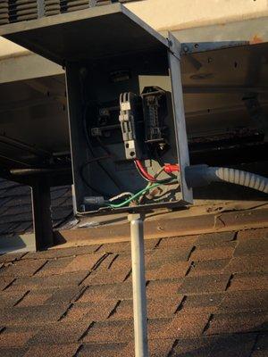 Spliced connections and old zinsco disconnect with incorrect size breaker