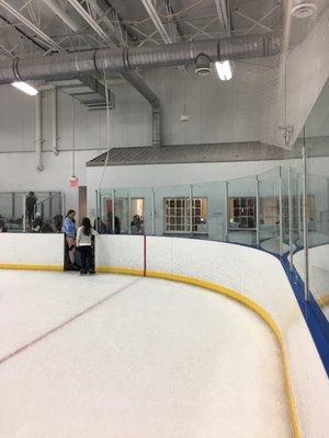Rental area behind the glass. $5.00 for rentals and 2 hour skate time...but the ice was so hacked...you easily trip and fall with the holes.
