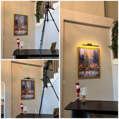 Installed a picture with an overhead light, aligned perfectly using a laser level.