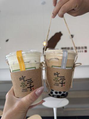 black milk tea with boba and osmanthus oolong milk tea