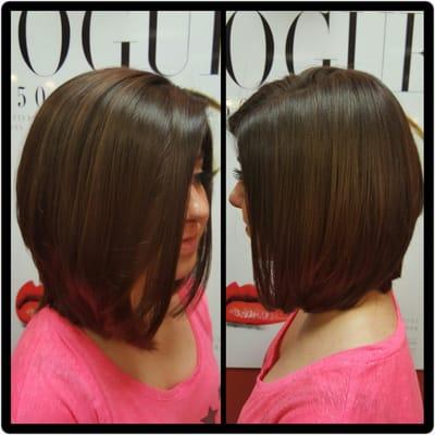 Long bob cut and styled Amber