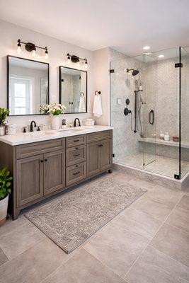 A full bathroom upgrade featuring custom vanity cabinets, quartz countertops, elegant tile, and updated lighting. Designed for both beauty a