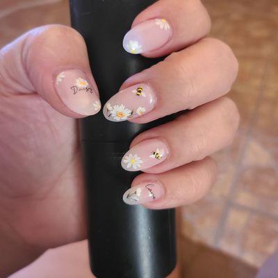 Almond Shape Acrylic powder Bee and Daisy nail art