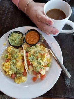 Seafood Breakfast Tacos! Delicious! That's Gigi's hand trying to steal my coffee!