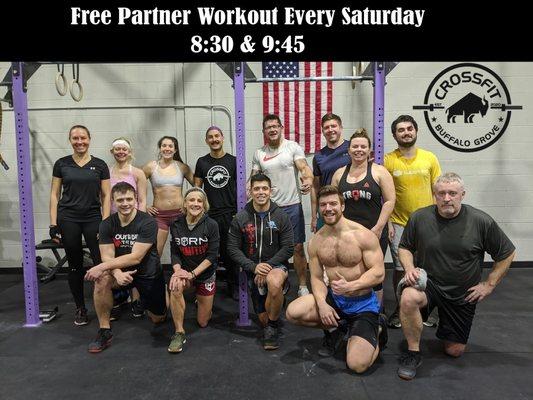 Free Partner Workouts Every Saturday Until June 2020! 830AM & 945AM. No fees or commitment. CrossFit BG in Buffalo Grove. Group Fitness.