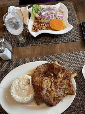 Bistec Empanizado Ceviche de Pescado