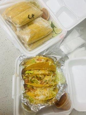 Dozen chicken tamales and beef tacos