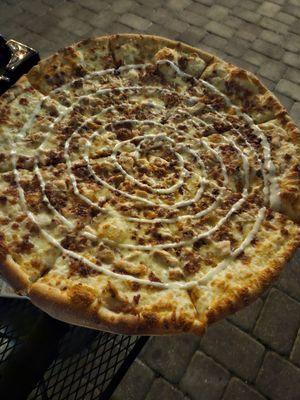 Large Chicken Bacon Ranch Pizza. Delicious fresh! Still good later, but not as impactful. I even ate the crust, which is uncommon for me