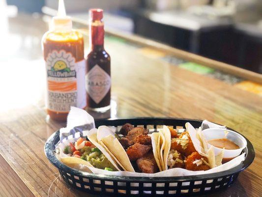Black bean, plantain, and cauliflower tacos
