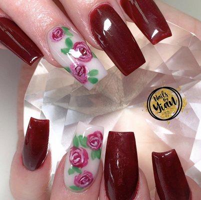 Deep red set with handpainted florals @nailsby_yian