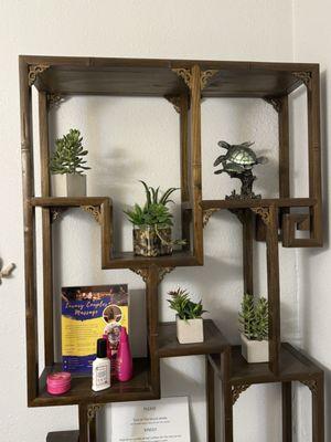 This is a picture of a very nice and unique shelve and can be found in the restroom.