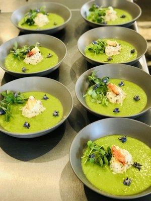 Chilled Spring Pea & Baby Leek Soup
with Dungeness Crab