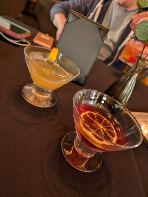 Rhubarb & Honey cocktail and a Cherry Martini.