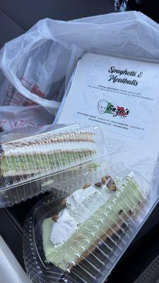 Pistachio ricotta cake & pistachio cheesecake with a spaghetti and meatball take and bake meal