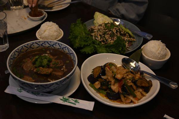 Boat Noodle, Spicy eggplant, Pork larb