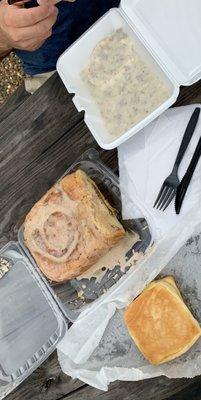 Biscuit and gravy, giant cinnamon roll, bacon egg croissant