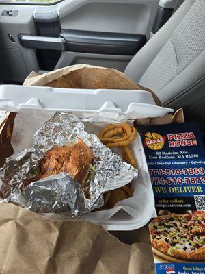 Turkey club with onion rings.