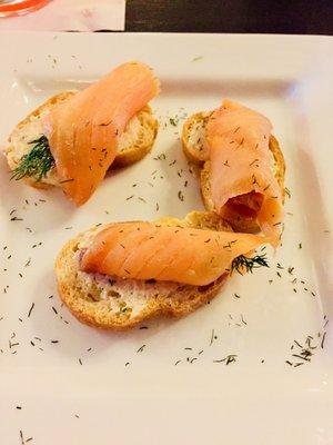 Restaurant week appetizer: Smoked Salmon Crostini with Cream Cheese and Dill. So good