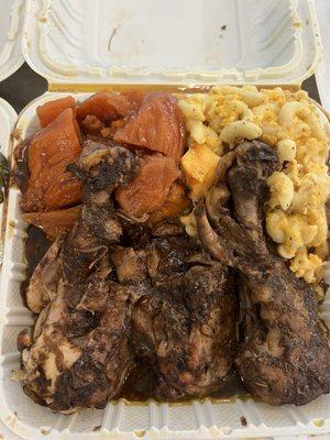 Jerk Chicken Platter with candied yams and Mac and cheese