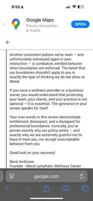 Owner Original Unprofessional Response on Google