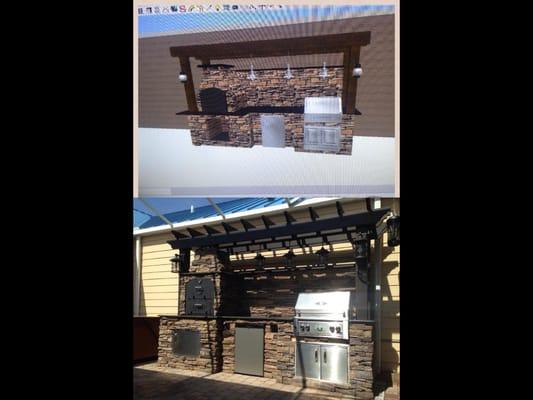 From rendering to reality! Custom summer kitchen complete with stone, grill, refrigerator, and a PIZZA OVEN!