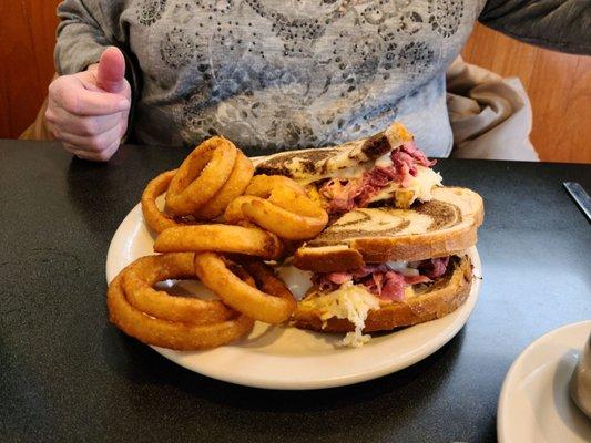 Pastrami Reubens, onion rings