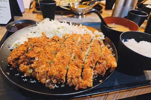 Sweet potato katsu comes with a side of rice and miso soup. Also macaroni, potato, thinly sliced cabbage salad, and of course, katsu sauce.