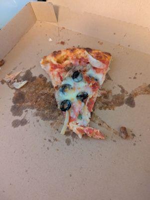 Slice of pizza with olives, sausage, pepperoni, onion and extra cheese