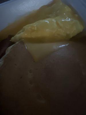 Breakfast special, added cheese to my pancakes