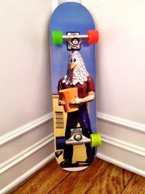 I had this skateboard custom made from an iPhone photo I took. Thank you, Chicken Boy, for making this old lady smile.