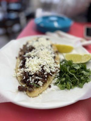 Huarache de carne asada (beef).