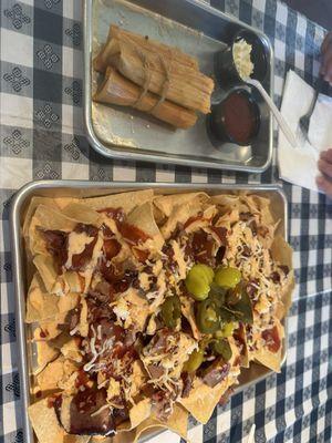 Tamales (3) and Brisket nachos.