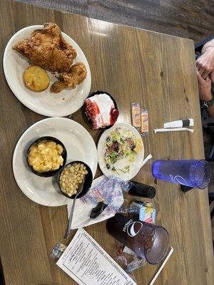 Fried Chicken, zipper peas, macaroni and cheese, green salad, strawberry poke cake Mexican corn muffin and sweet tea