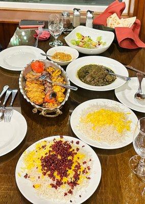 Zeitoon palace platter (mixed kabab) Ghormeh Sabzi Barberry rice Mirza ghasemi