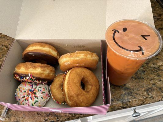 Half dozen assortment and a Thai tea