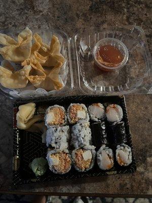 Crab Rangoons, white tuna roll, kani roll
