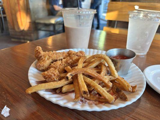 Burger Up's Fried Chicken Kids Tenders and Fries with Ketchup and Chocolate Milk