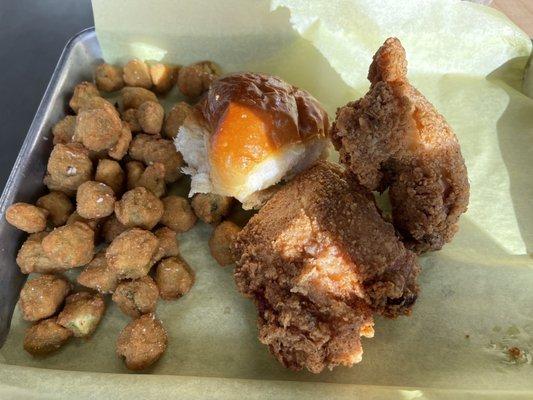 Fried chicken with okra and roll. Not pictured is my fountain drink.