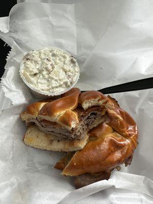 Roast Beef, Cheddar & Bacon and potato salad. Yum!!