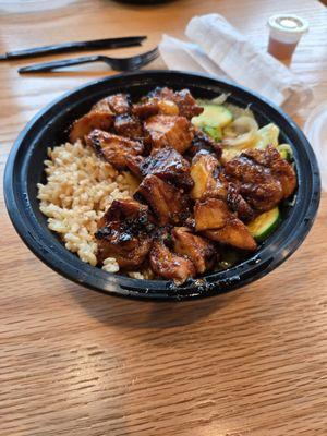 Spicy teriyaki chicken with veggies & brown rice. Medium bowl. Side of eggroll.
