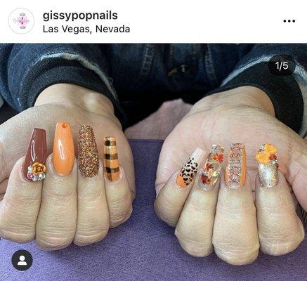 Fall fully loaded. Fall inspired design with lots of nail art, glitter, charms and bling.
