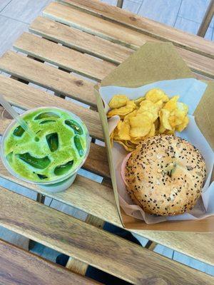 Vanilla lavender matcha and breakfast sandwich with chips