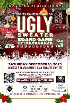 Get ready for a wild night of hilarious fashion and epic board game battles at our Ugly Sweater Contest & Board Game Extravaganza Fundraiser