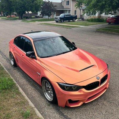 2017 BMW M3 vinyl wrapped in Teckwrap metallic, coral peach with a 1 year ceramic coat .