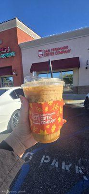 Valley Girl latte- vanilla, oat milk, and espresso with caramel drizzle