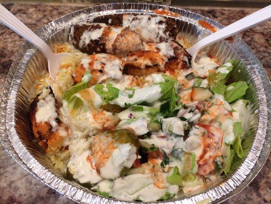 Chicken kabob with rice; salad; falafel $7 - makes one delicious lunch