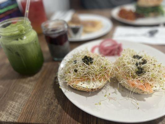 Lox Bagel, Matcha Cream Top, Tropical Chia Pudding