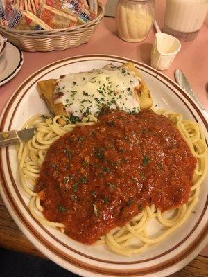 Tonight's special: spaghetti and pizza roll. Really good! Took half home -enough for 2 meala